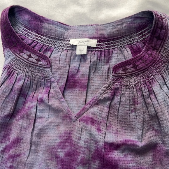 Pure Jill Purple Tie Dye Peasant Top with Embroidered Neck and Sleeve Hems - Picture 4 of 6